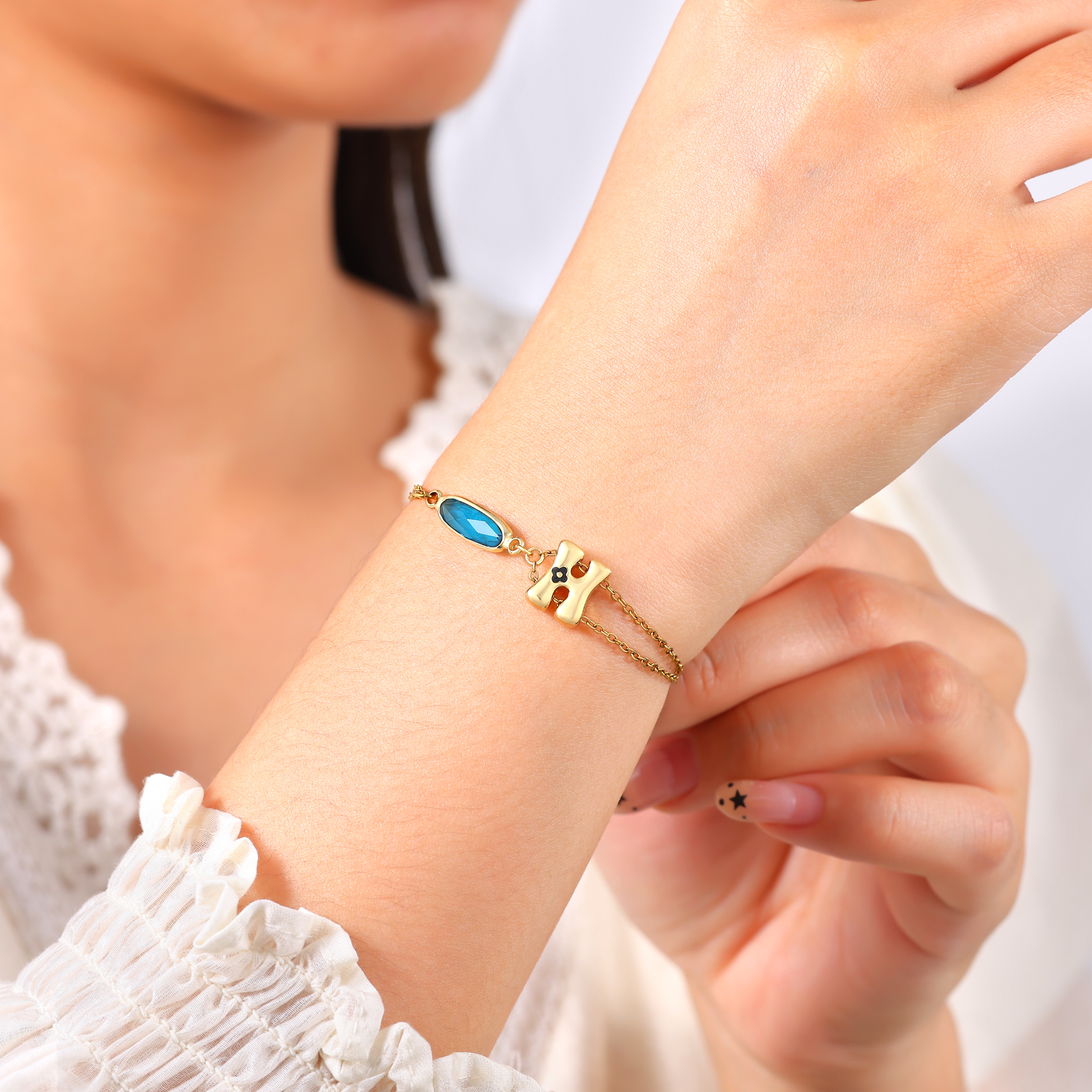 Personalised Gold Initial Bracelet with Birthstone