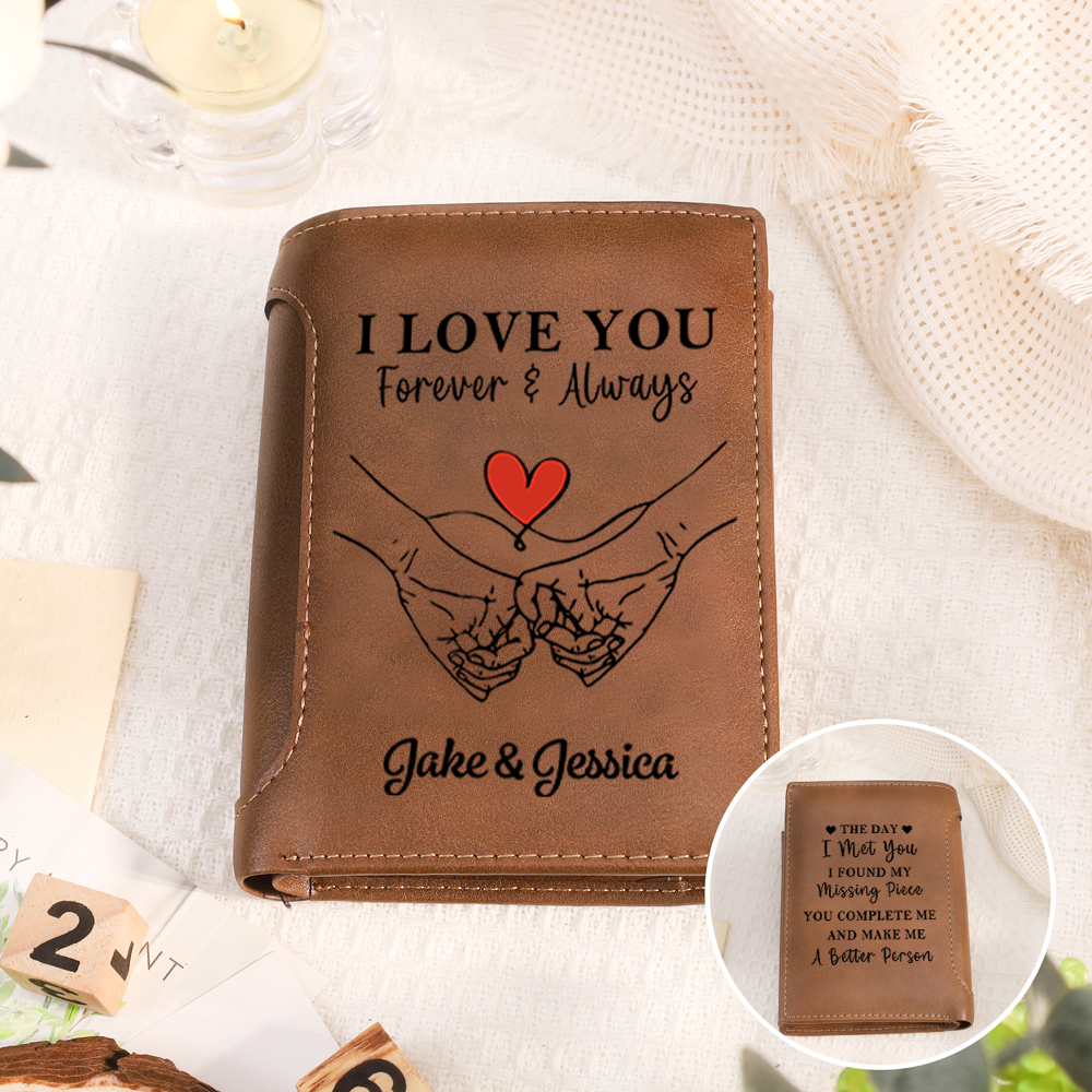 Personalised PU Leather Wallet with Names and the Message “I Love You Forever and Always” for Men
