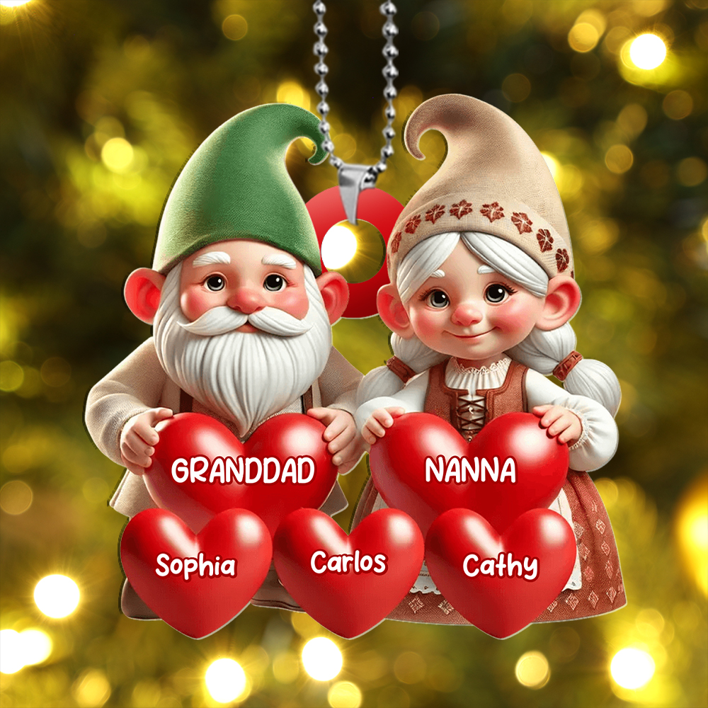 Christmas Tree Decoration Gnome Family - Personalised Hearts and Name