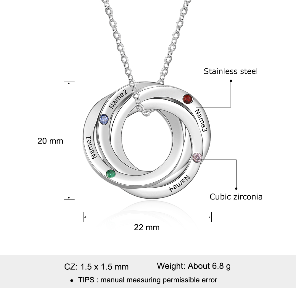 Personalised Russian Ring Necklace with 4 Stones Engraved 4 Names Interlocking Rings Necklace Gift For Mother