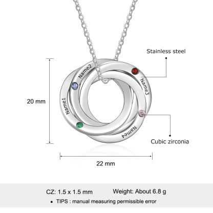 Personalised Russian Ring Necklace with 4 Stones Engraved 4 Names Interlocking Rings Necklace Gift For Mother
