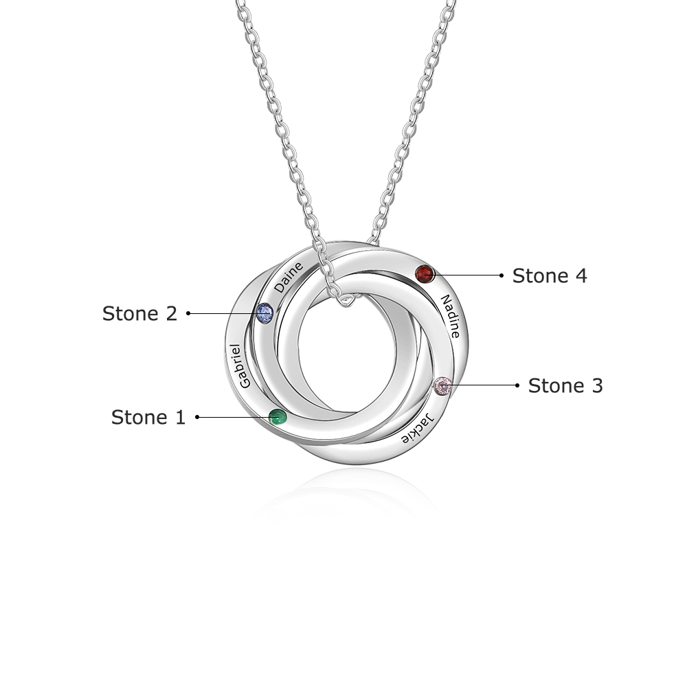 Personalised Russian Ring Necklace with 4 Stones Engraved 4 Names Interlocking Rings Necklace Gift For Mother