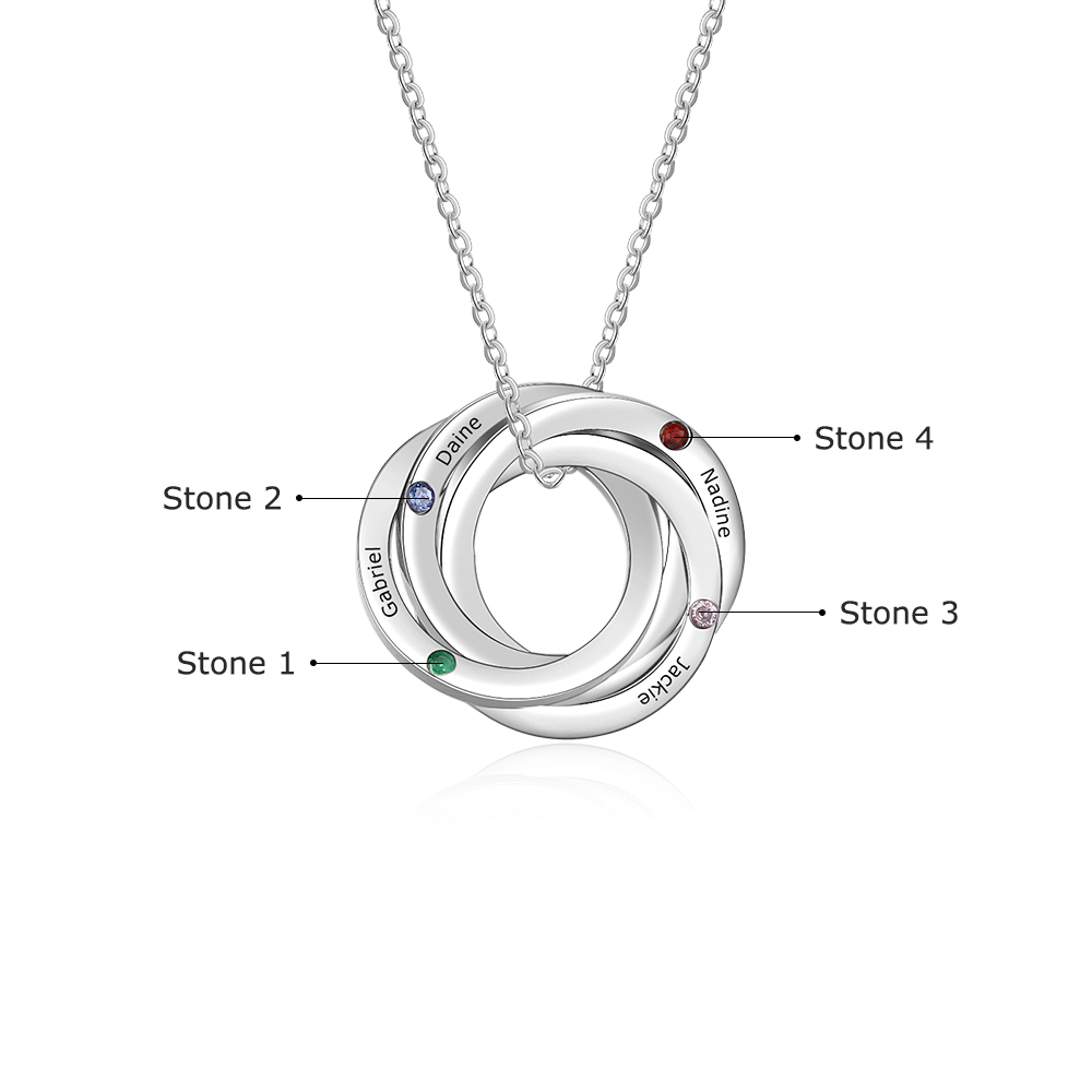 Personalised Russian Ring Necklace with 4 Stones Engraved 4 Names Interlocking Rings Necklace Gift For Mother