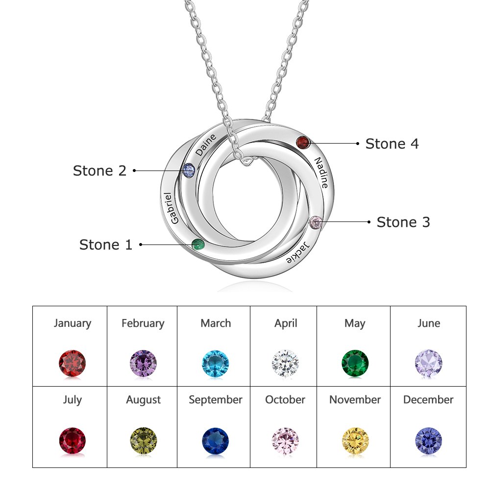 Personalised Russian Ring Necklace with 4 Stones Engraved 4 Names Interlocking Rings Necklace Gift For Mother