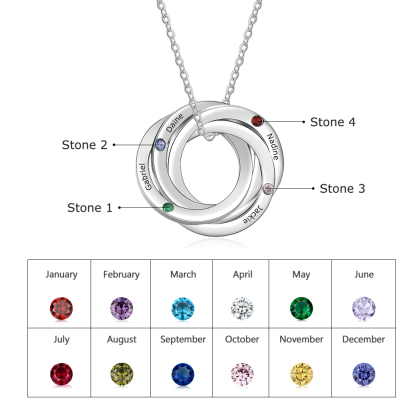 Personalised Russian Ring Necklace with 4 Stones Engraved 4 Names Interlocking Rings Necklace Gift For Mother