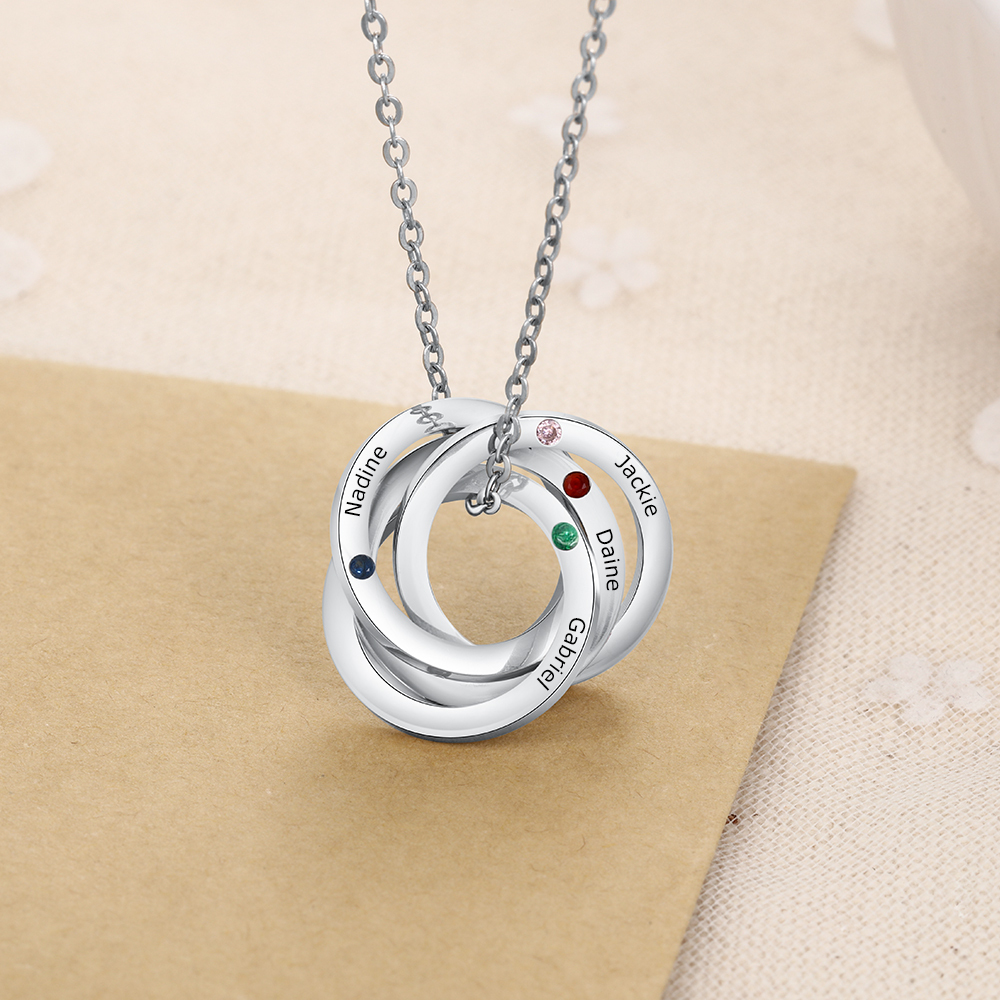 Personalised Russian Ring Necklace with 4 Stones Engraved 4 Names Interlocking Rings Necklace Gift For Mother
