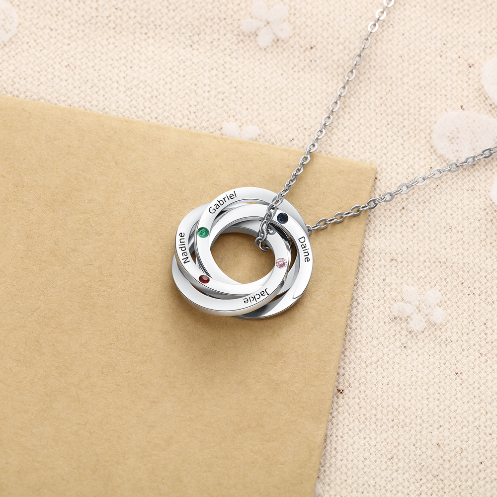 Personalised Russian Ring Necklace with 4 Stones Engraved 4 Names Interlocking Rings Necklace Gift For Mother
