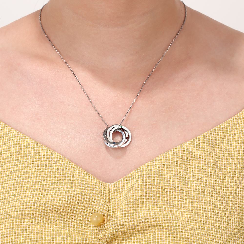 Personalised Russian Ring Necklace with 4 Stones Engraved 4 Names Interlocking Rings Necklace Gift For Mother