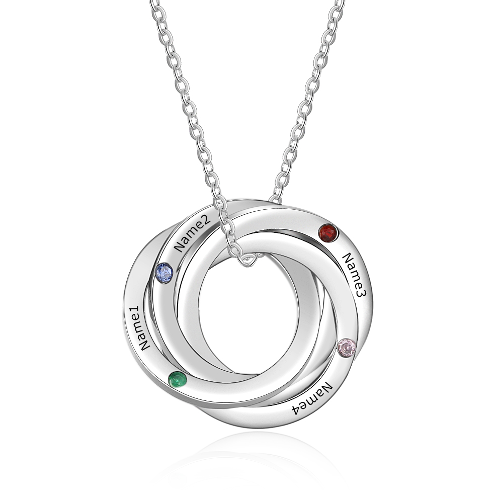Personalised Russian Ring Necklace with 4 Stones Engraved 4 Names Interlocking Rings Necklace Gift For Mother