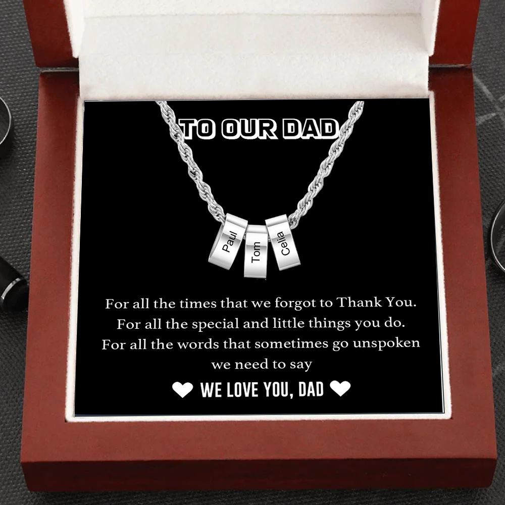 Personalised To Our Dad Men Necklace Gift Set with 3 Beads Engraved 3