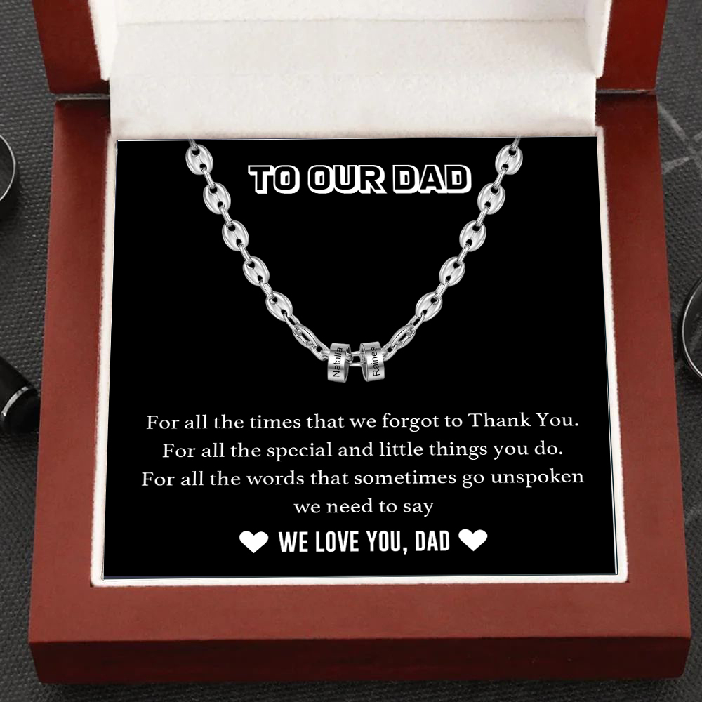 Personalised Dad Men Necklace Gift Set with 2 Beads Engraved 2 Names C