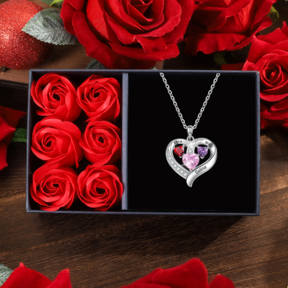 Heart Necklace Custom 3 Names 3 Birthstones Birthday Gifts for Her-Jessemade AU