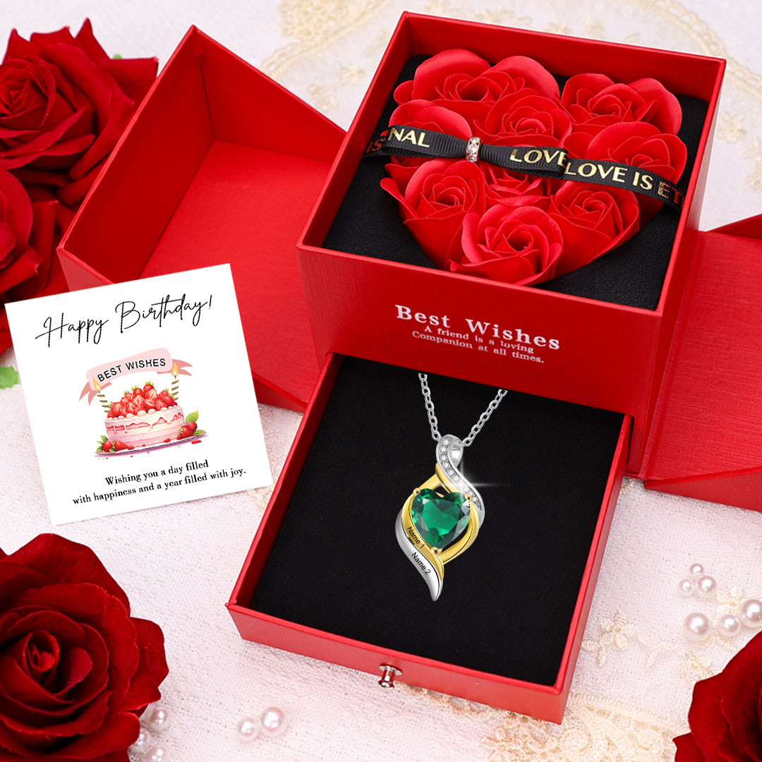 Personalized Necklace with Birthstone Engraving 2 names for Her