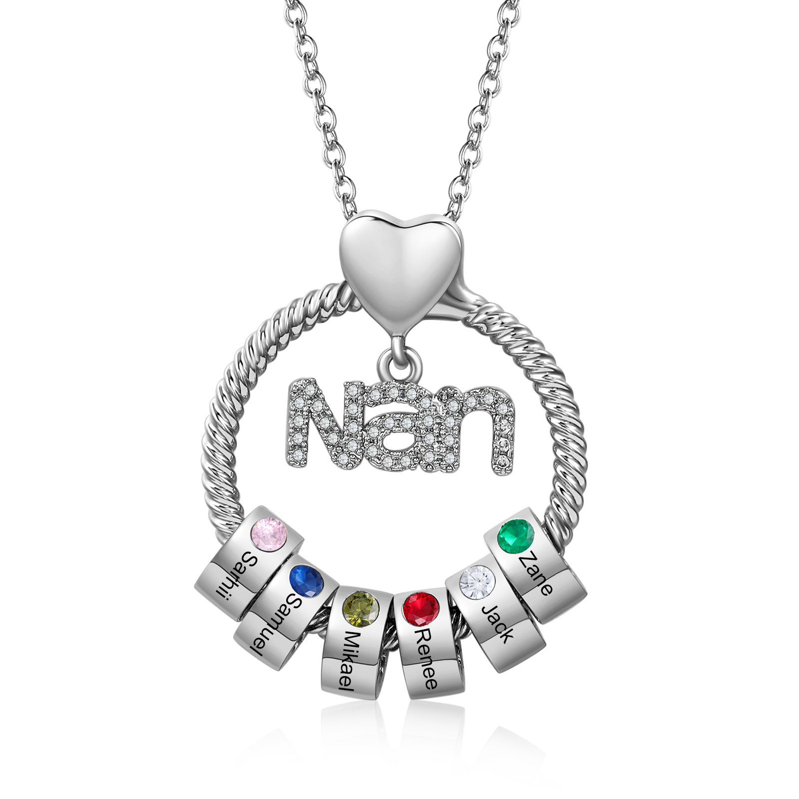 Personalised Nan Necklace Custom 1-6 Names & Birthstones Circle Pendant Necklace Gift for Grandma Nanna