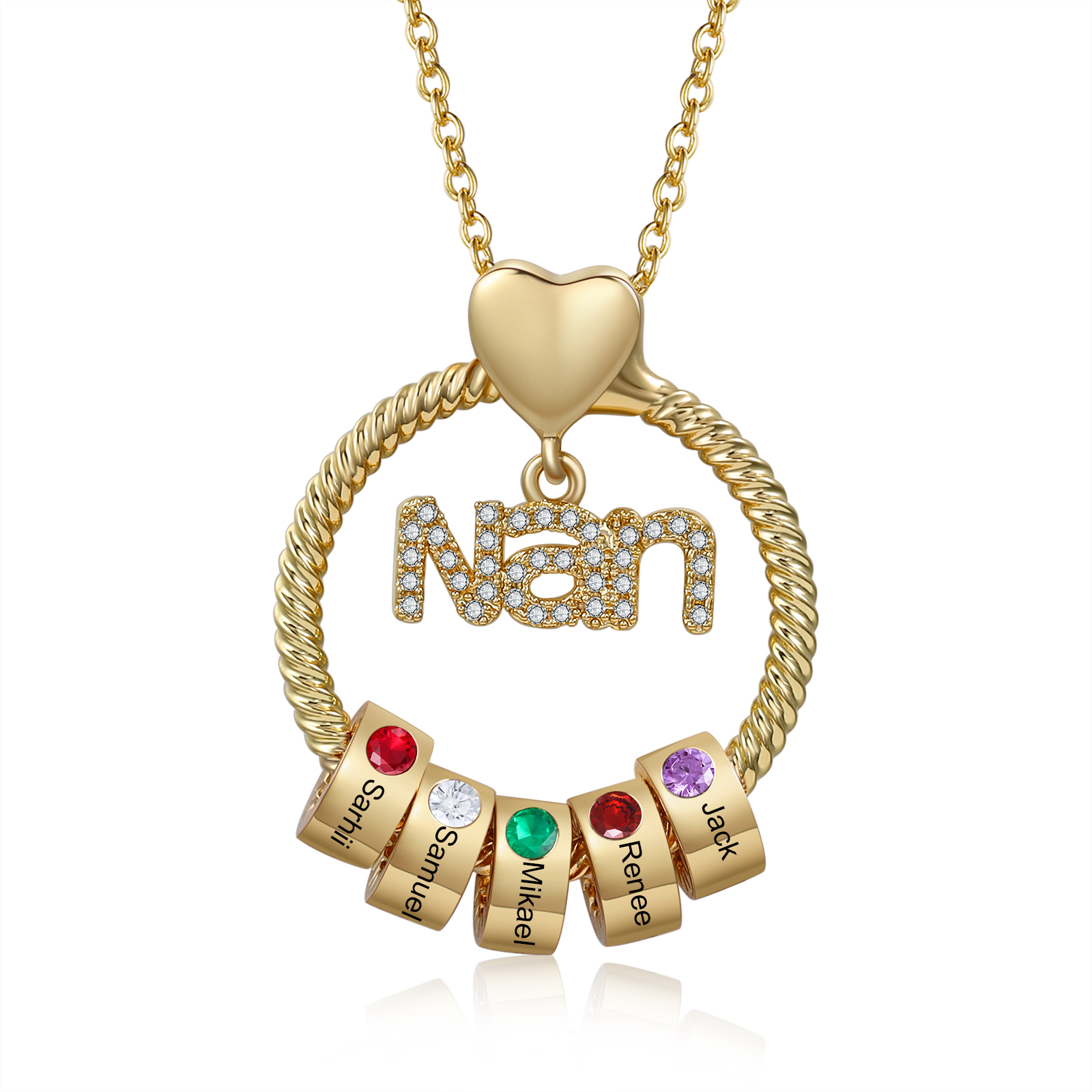 Personalised Nan Necklace Custom 1-6 Names & Birthstones Circle Pendant Necklace Gift for Grandma Nanna