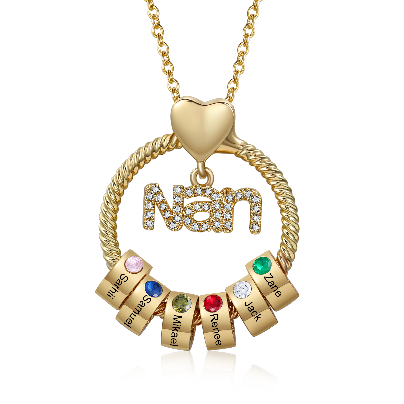 Personalised Nan Necklace Custom 1-6 Names & Birthstones Circle Pendant Necklace Gift for Grandma Nanna