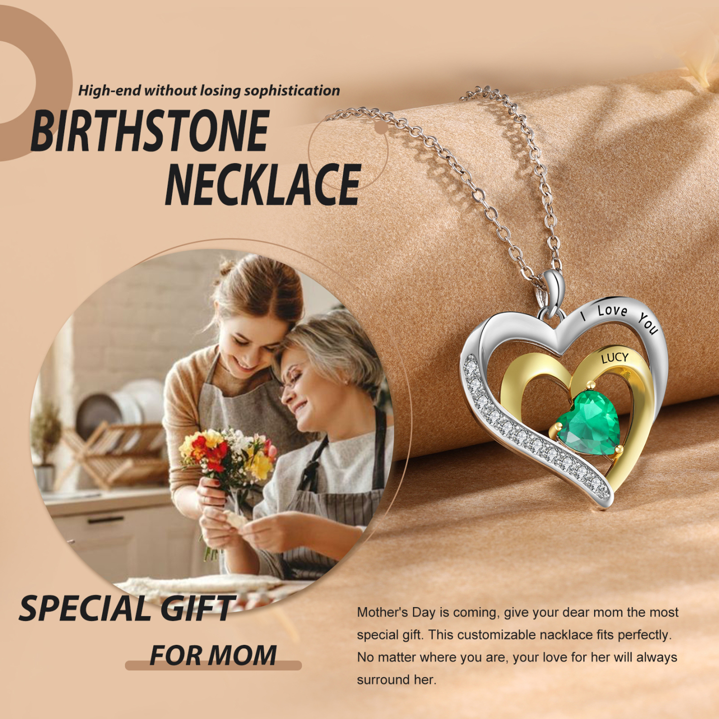 1 Name - Personalised Heart Pendant Necklace Custom Birthstone Engraved Text Necklace Gift for Her-Jessemade AU