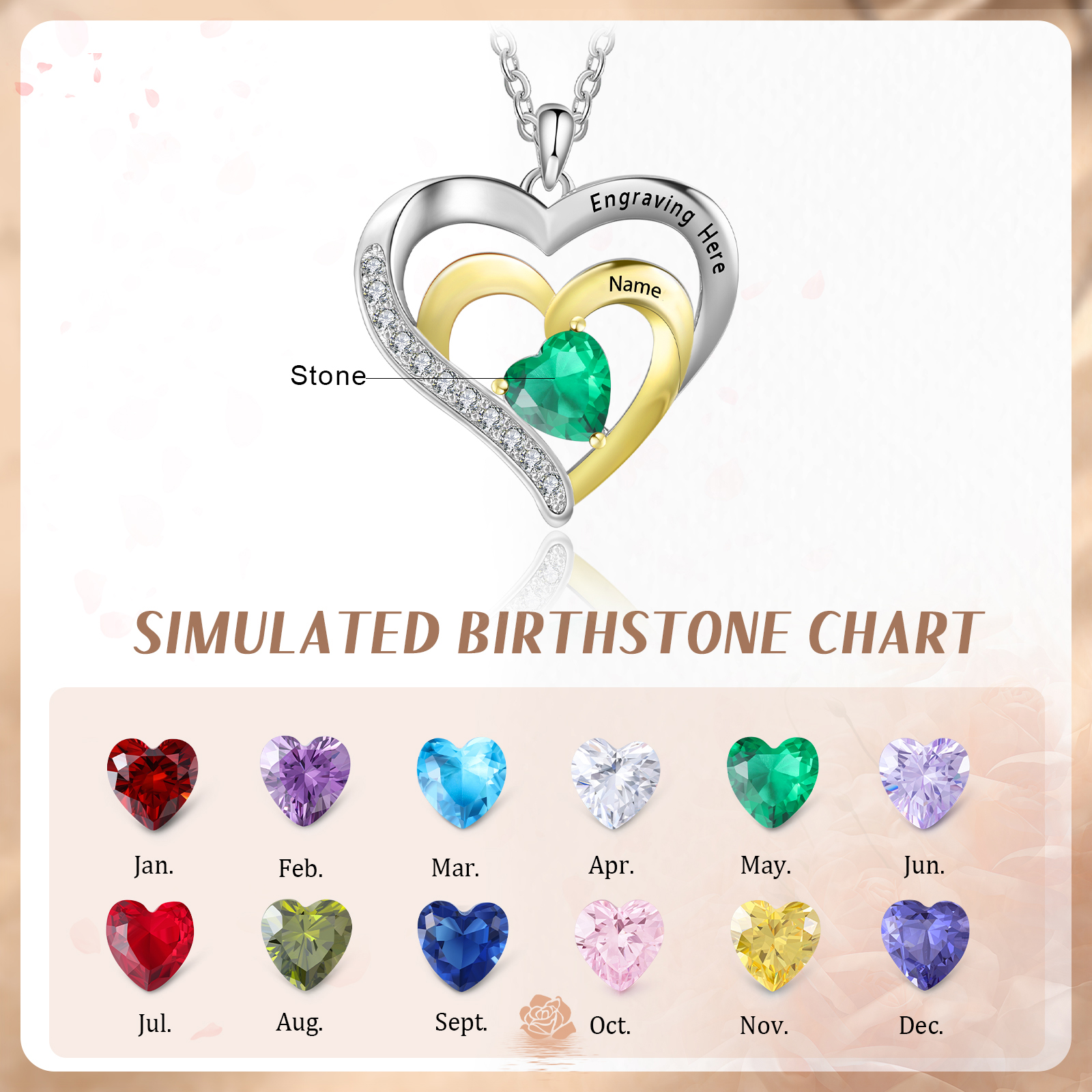 1 Name - Personalised Heart Pendant Necklace Custom Birthstone Engraved Text Necklace Gift for Her