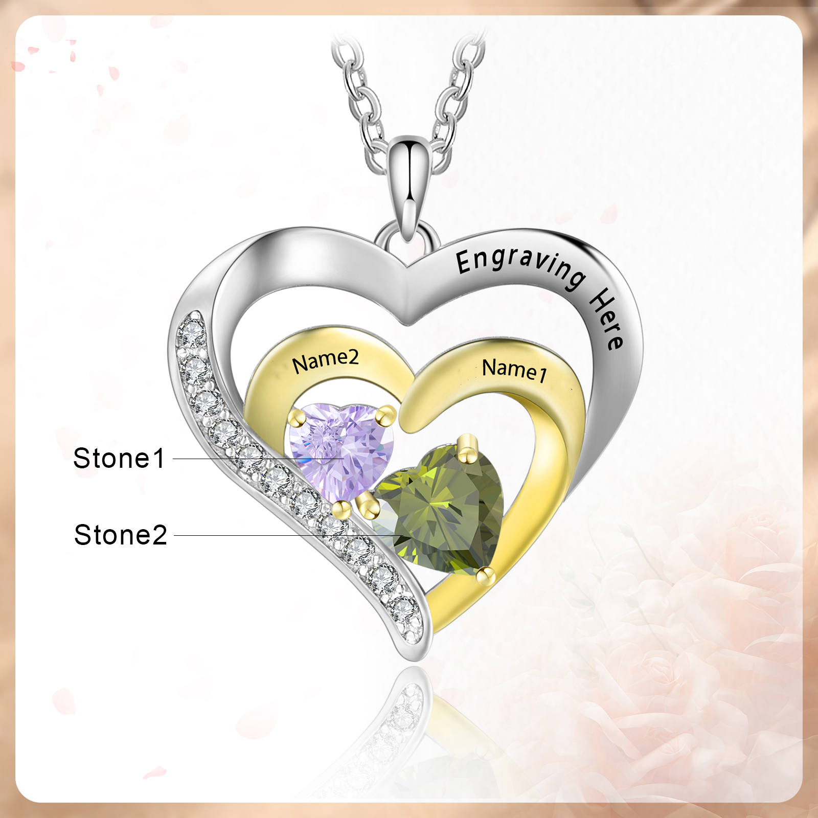 2 Names - Personalised Heart Pendant Necklace Custom Birthstones Engraved Text Necklace Gift for Her-Jessemade AU