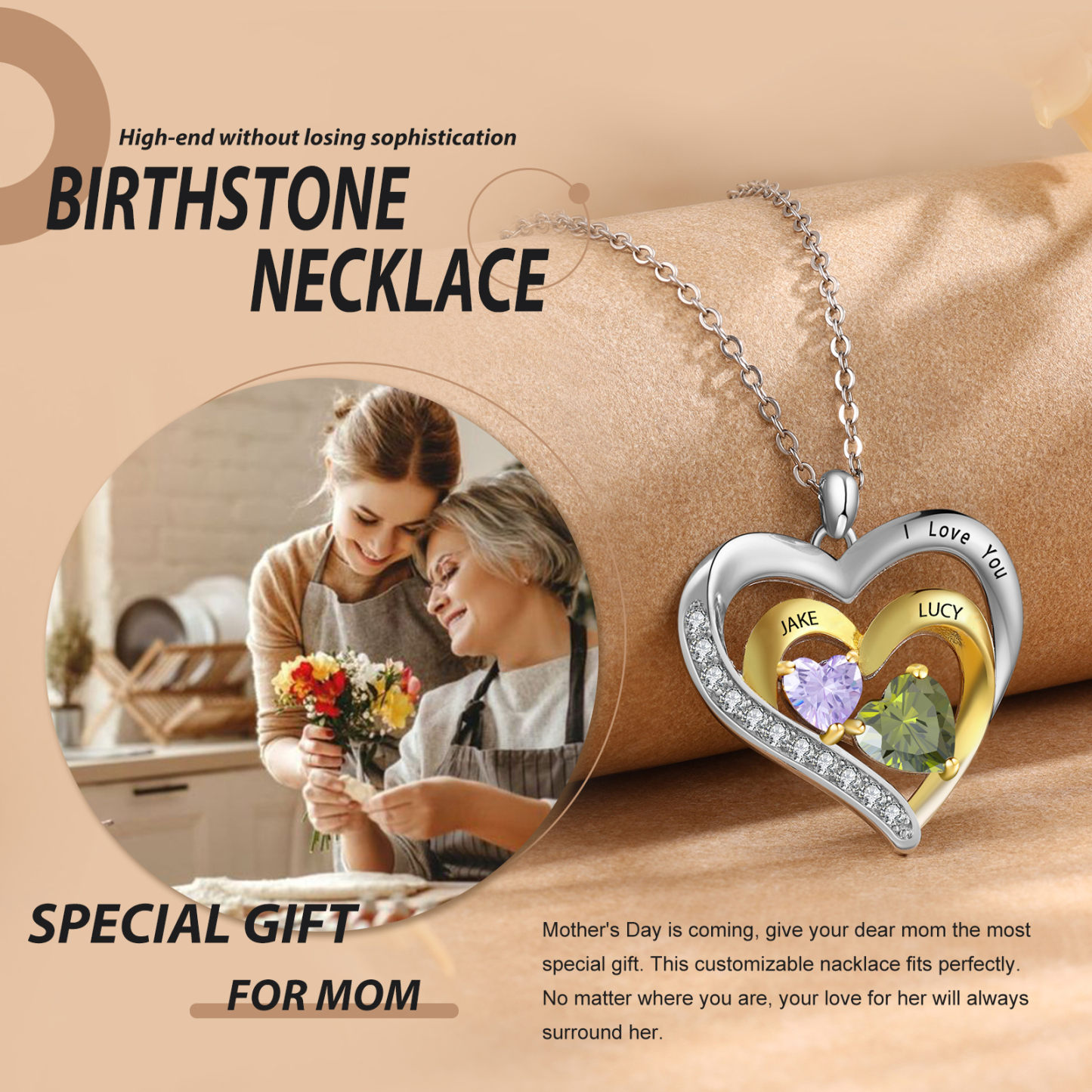 2 Names - Personalised Heart Pendant Necklace Custom Birthstones Engraved Text Necklace Gift for Her-Jessemade AU