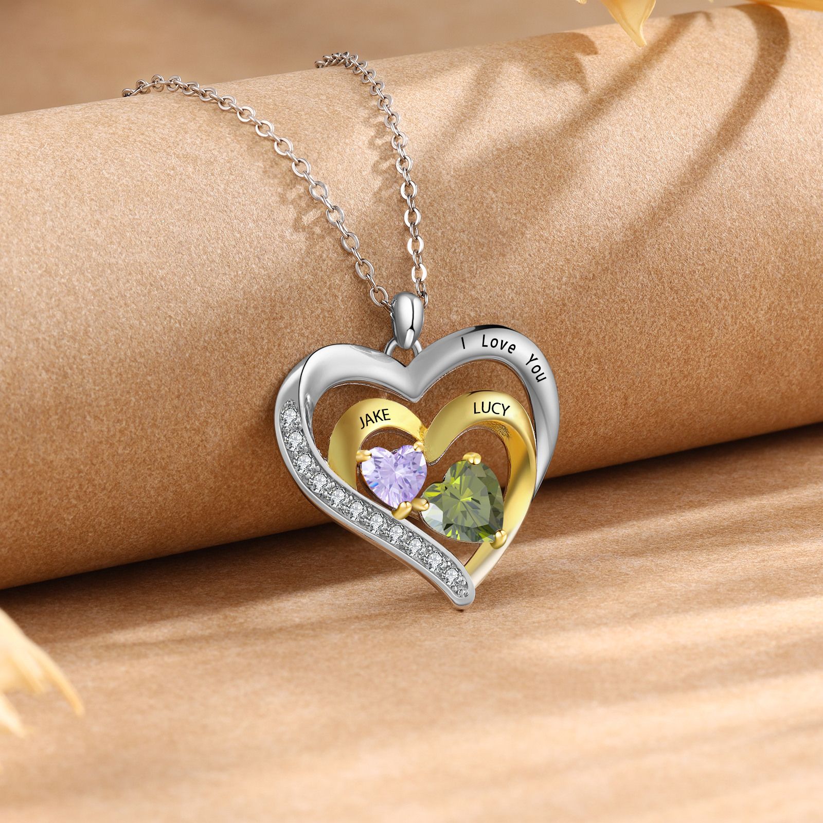 2 Names - Personalised Heart Pendant Necklace Custom Birthstones Engraved Text Necklace Gift for Her