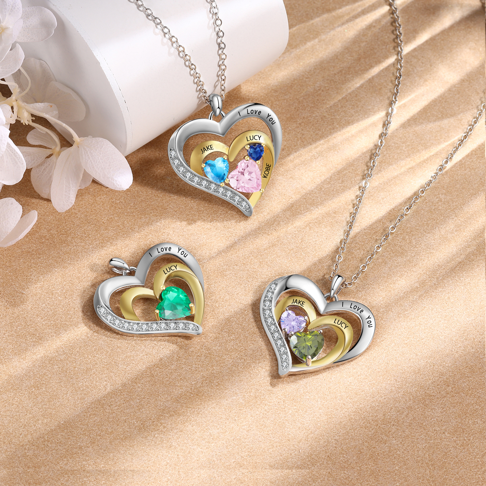 2 Names - Personalised Heart Pendant Necklace Custom Birthstones Engraved Text Necklace Gift for Her-Jessemade AU