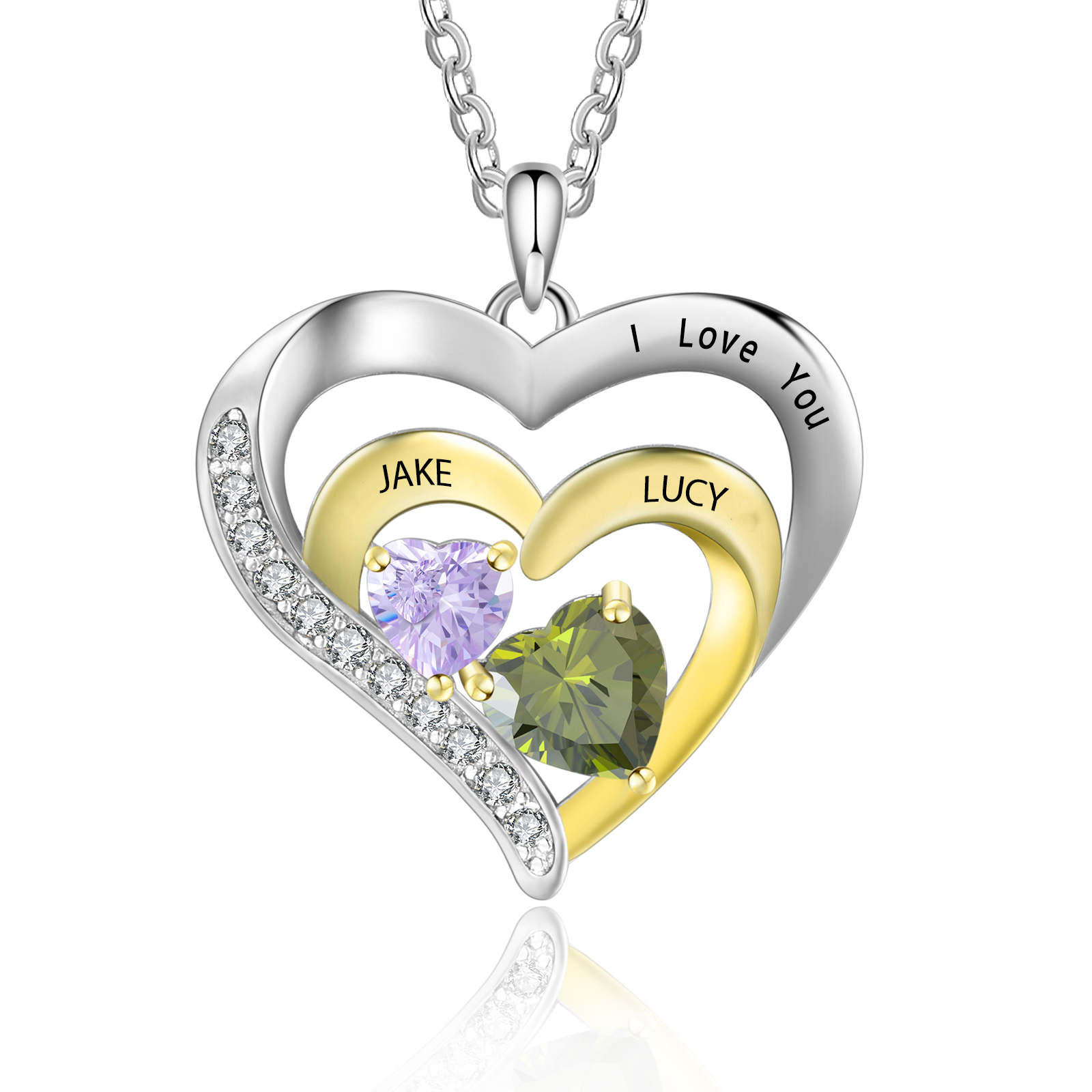 2 Names - Personalised Heart Pendant Necklace Custom Birthstones Engraved Text Necklace Gift for Her