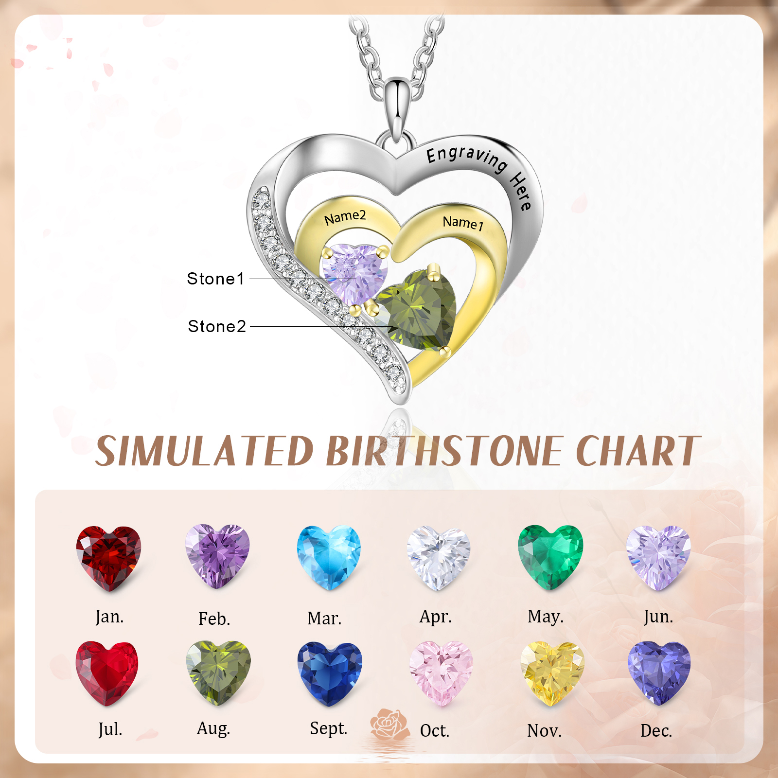2 Names - Personalised Heart Pendant Necklace Custom Birthstones Engraved Text Necklace Gift for Her