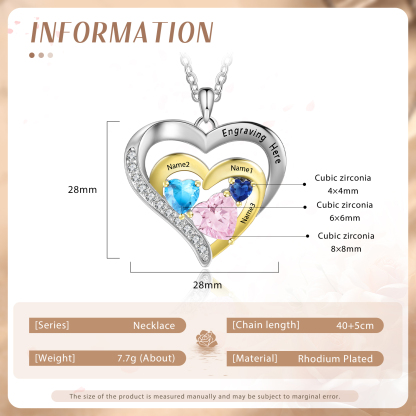 3 Names - Personalised Heart Pendant Necklace Custom Birthstones Engraved Text Necklace Gift for Her-Jessemade AU