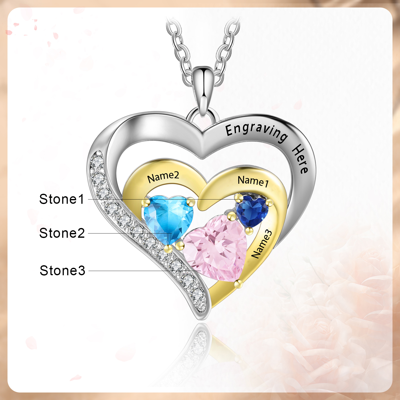 3 Names - Personalised Heart Pendant Necklace Custom Birthstones Engraved Text Necklace Gift for Her-Jessemade AU