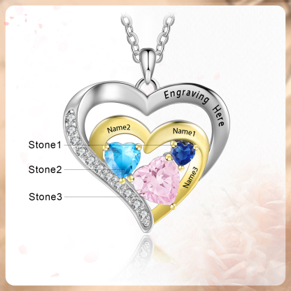 3 Names - Personalised Heart Pendant Necklace Custom Birthstones Engraved Text Necklace Gift for Her-Jessemade AU