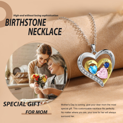 3 Names - Personalised Heart Pendant Necklace Custom Birthstones Engraved Text Necklace Gift for Her-Jessemade AU