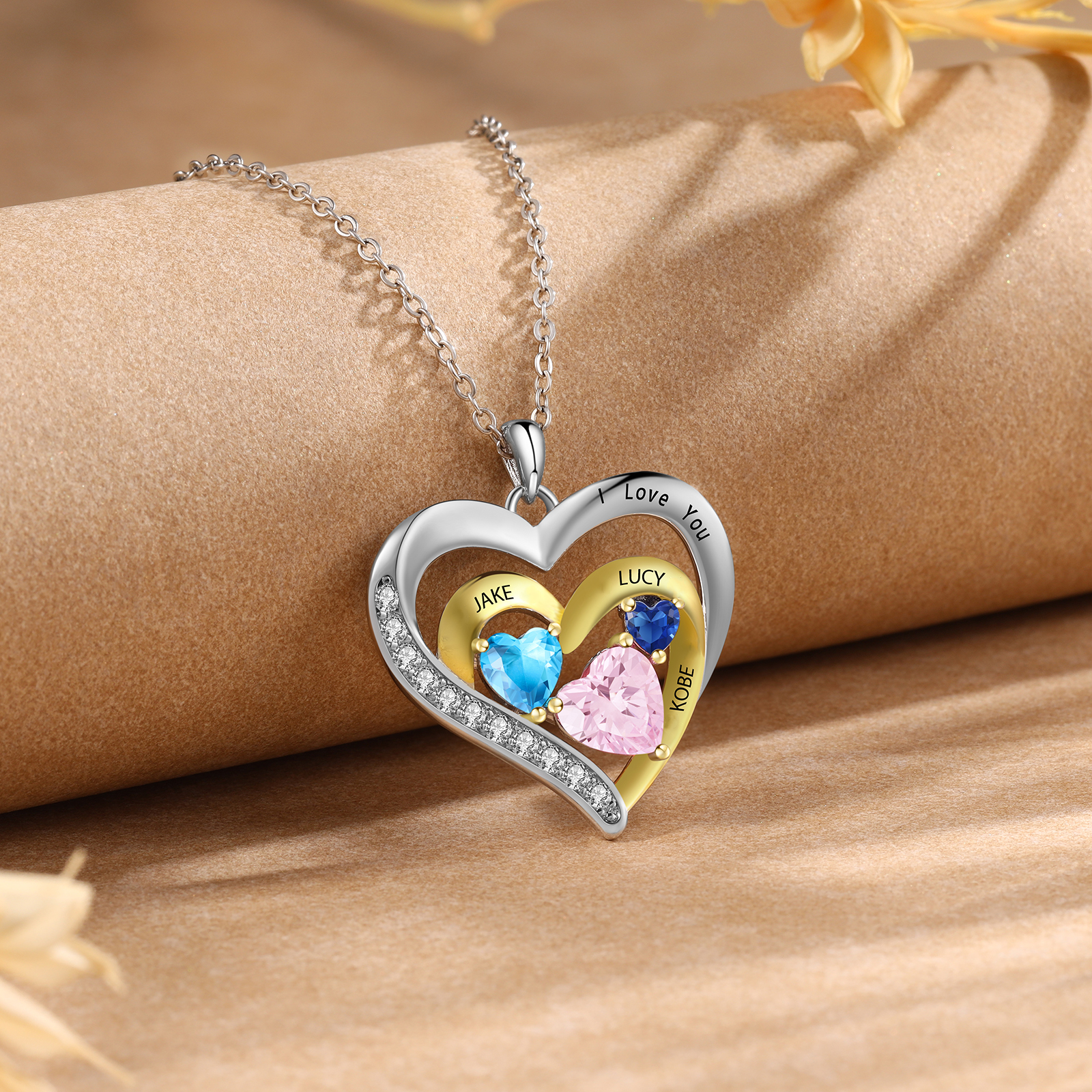 3 Names - Personalised Heart Pendant Necklace Custom Birthstones Engraved Text Necklace Gift for Her