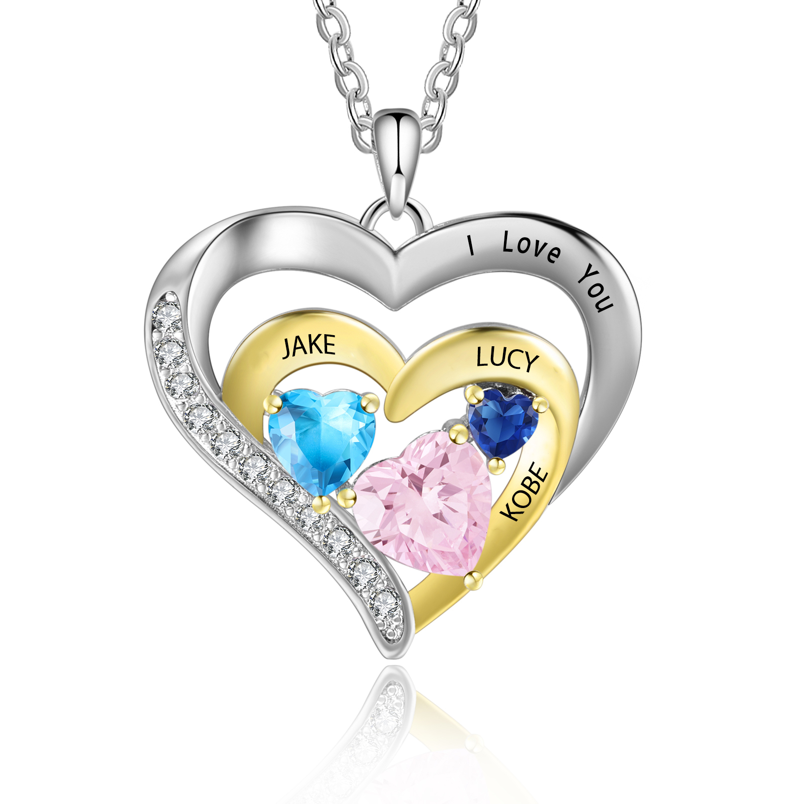 3 Names - Personalised Heart Pendant Necklace Custom Birthstones Engraved Text Necklace Gift for Her