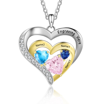 3 Names - Personalised Heart Pendant Necklace Custom Birthstones Engraved Text Necklace Gift for Her-Jessemade AU