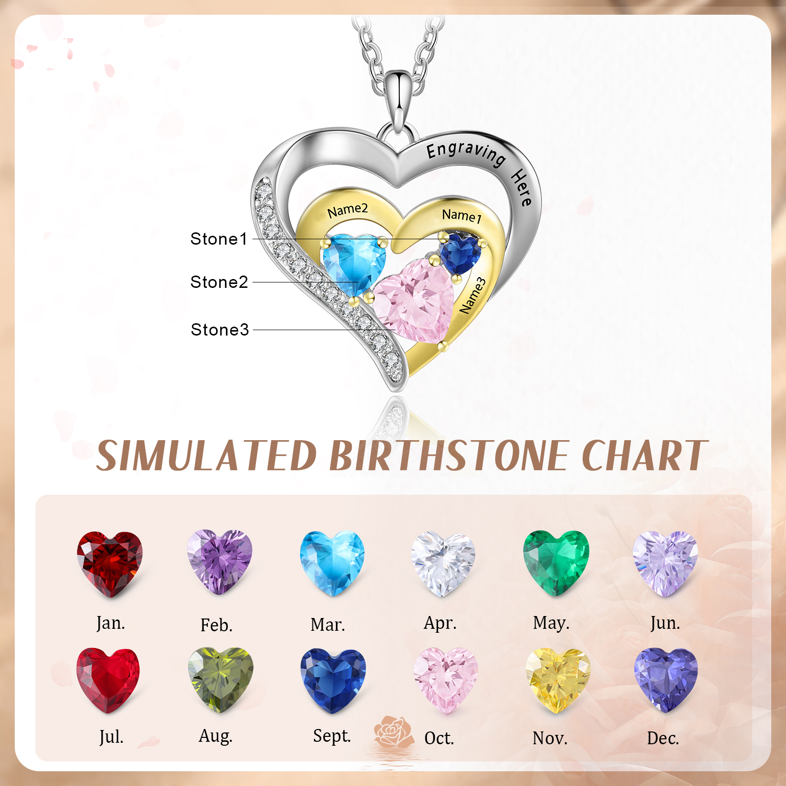 3 Names - Personalised Heart Pendant Necklace Custom Birthstones Engraved Text Necklace Gift for Her