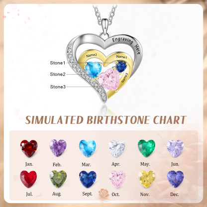 3 Names - Personalised Heart Pendant Necklace Custom Birthstones Engraved Text Necklace Gift for Her-Jessemade AU