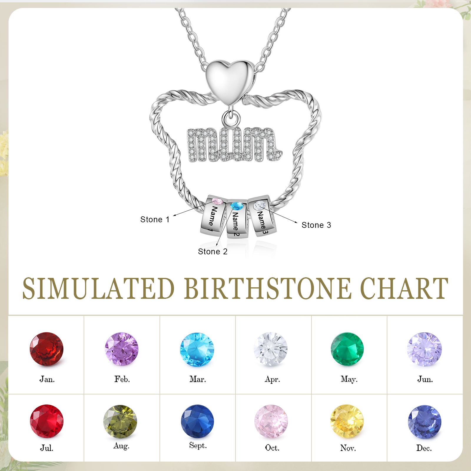 Personalised Mum Pendant Necklace Custom 2-5 Birthstones & 2-5 Names Gift for Mother