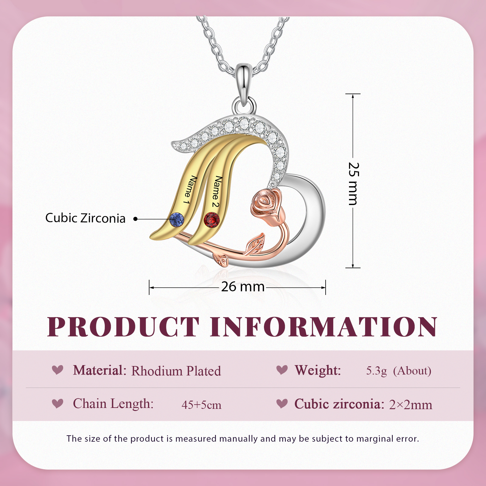 Personalised Heart Rose Pendant Necklace Custom 2 Birthstones & 2 Names Gifts for Her-Jessemade AU