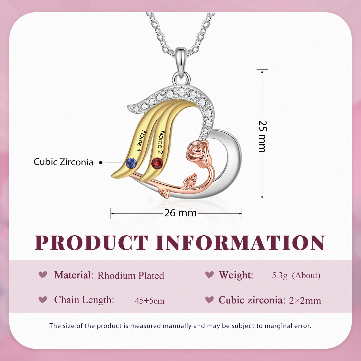 Personalised Heart Rose Pendant Necklace Custom 2 Birthstones & 2 Names Gifts for Her-Jessemade AU