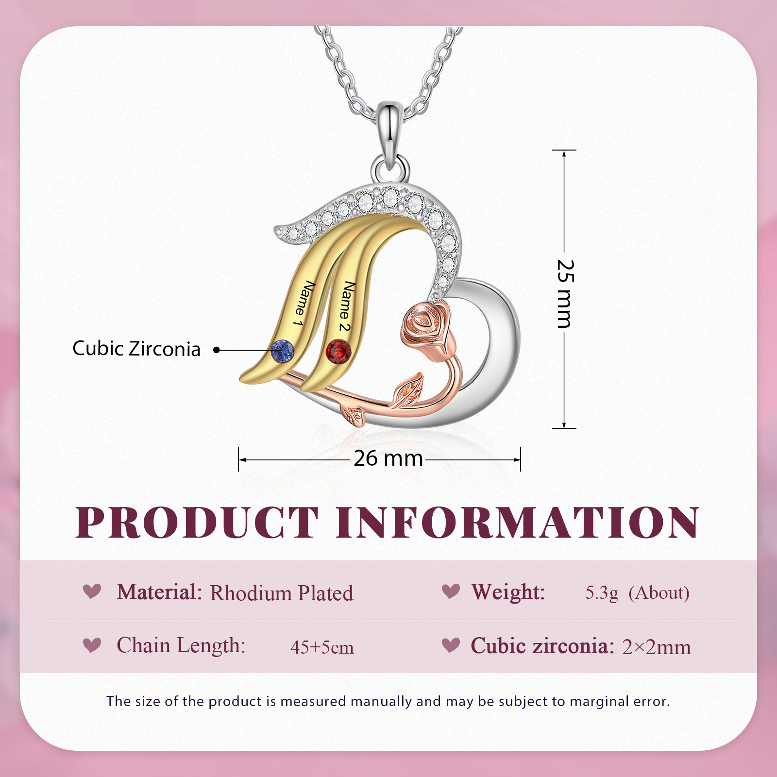 Personalised Heart Rose Pendant Necklace Custom 2 Birthstones & 2 Names Gifts for Her-Jessemade AU