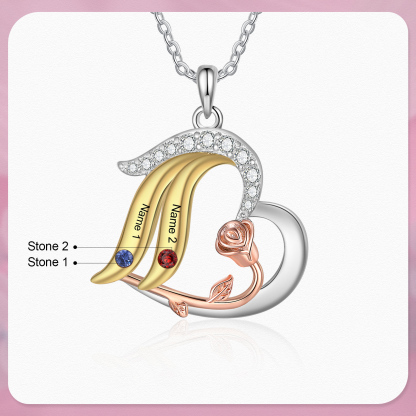 Personalised Heart Rose Pendant Necklace Custom 2 Birthstones & 2 Names Gifts for Her-Jessemade AU