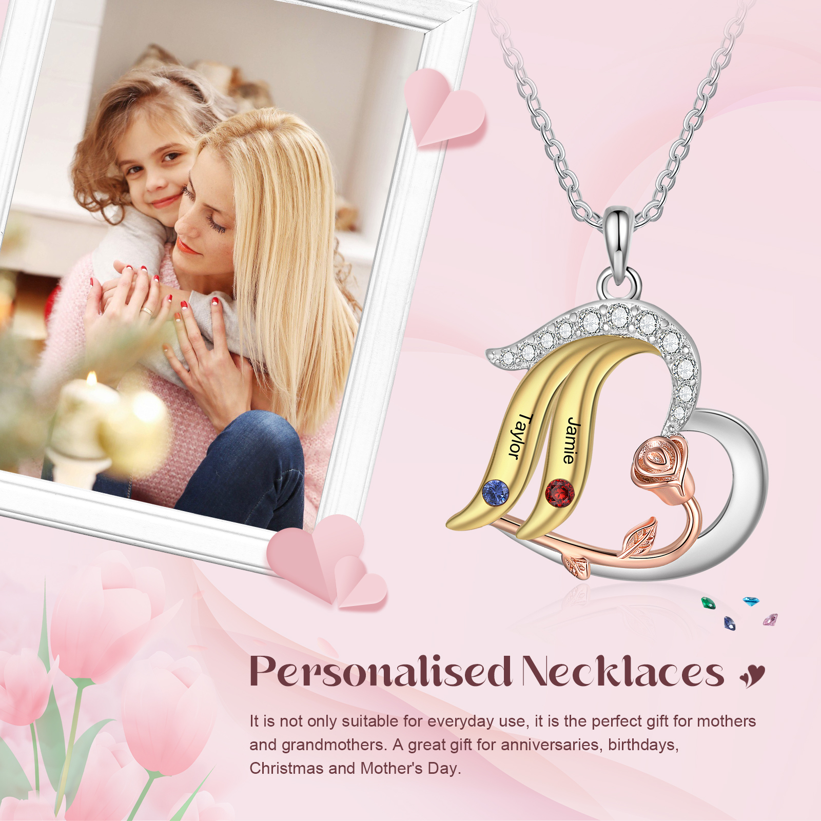 Personalised Heart Rose Pendant Necklace Custom 2 Birthstones & 2 Names Gifts for Her-Jessemade AU