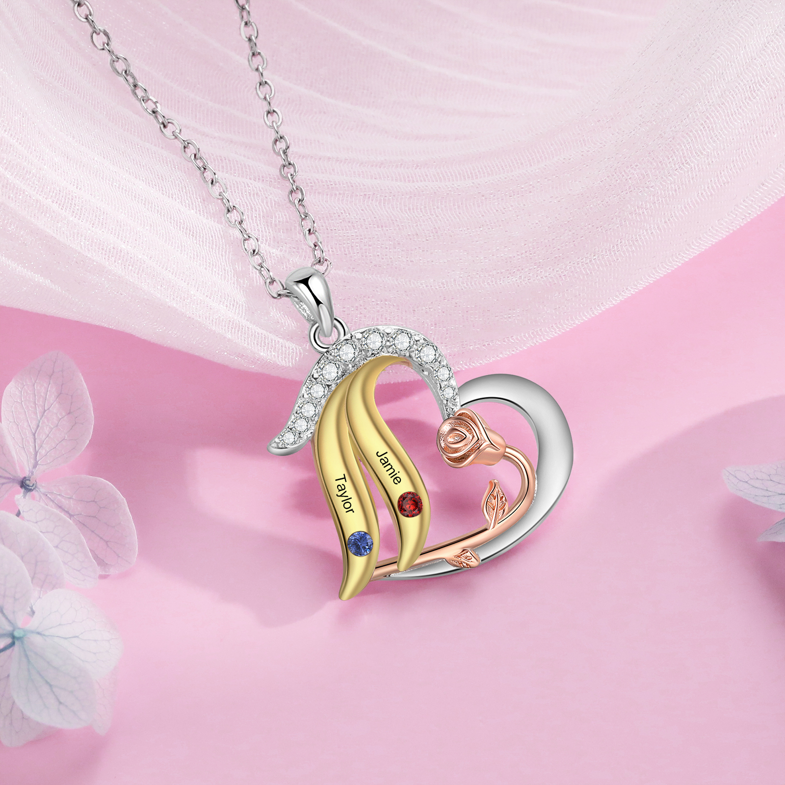 Personalised Heart Rose Pendant Necklace Custom 2 Birthstones & 2 Names Gifts for Her-Jessemade AU