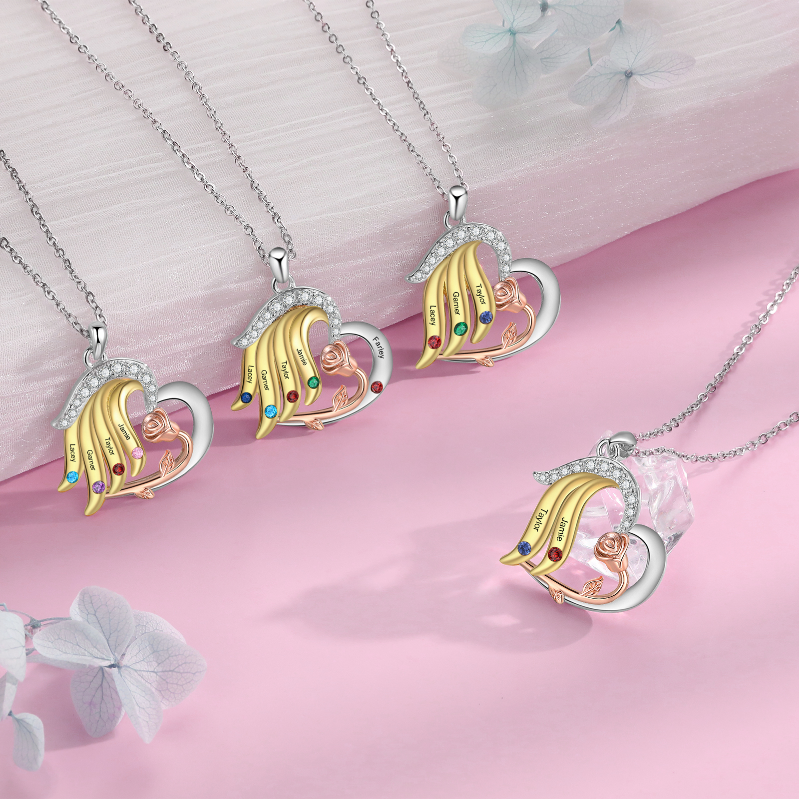 Personalised Heart Rose Pendant Necklace Custom 4 Birthstones & 4 Names Gifts for Her-Jessemade AU