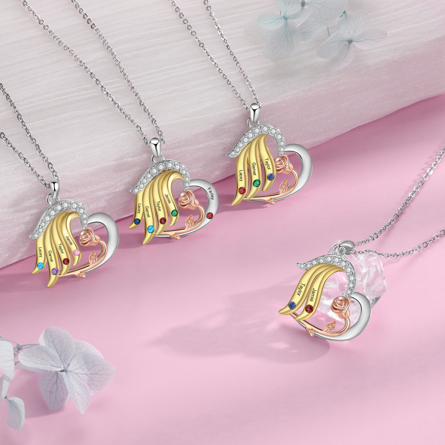Personalised Heart Rose Pendant Necklace Custom 4 Birthstones & 4 Names Gifts for Her-Jessemade AU