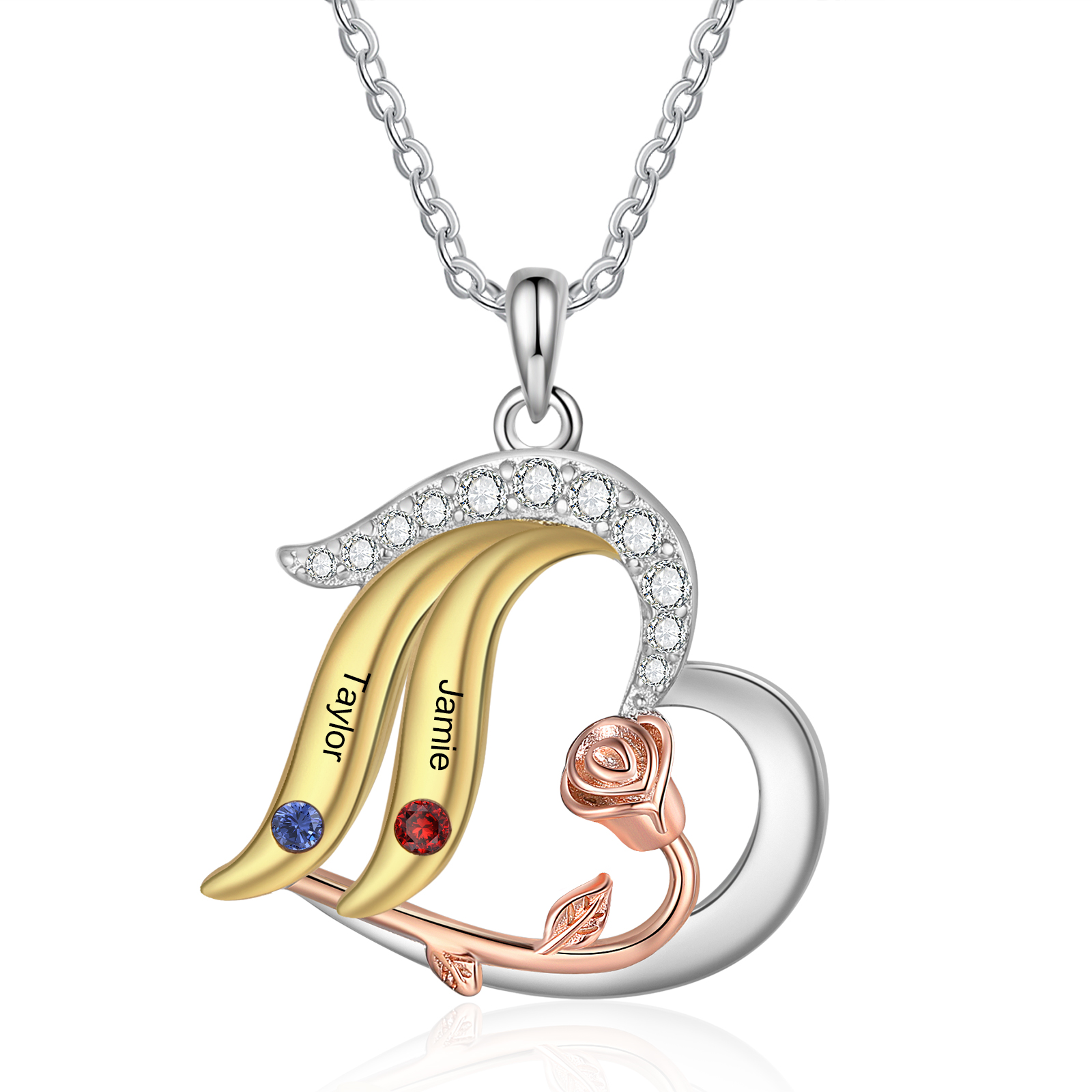 Personalised Heart Rose Pendant Necklace Custom 2-5 Birthstones & 2-5 Names Gifts for Her