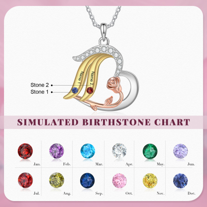 Personalised Heart Rose Pendant Necklace Custom 2 Birthstones & 2 Names Gifts for Her-Jessemade AU