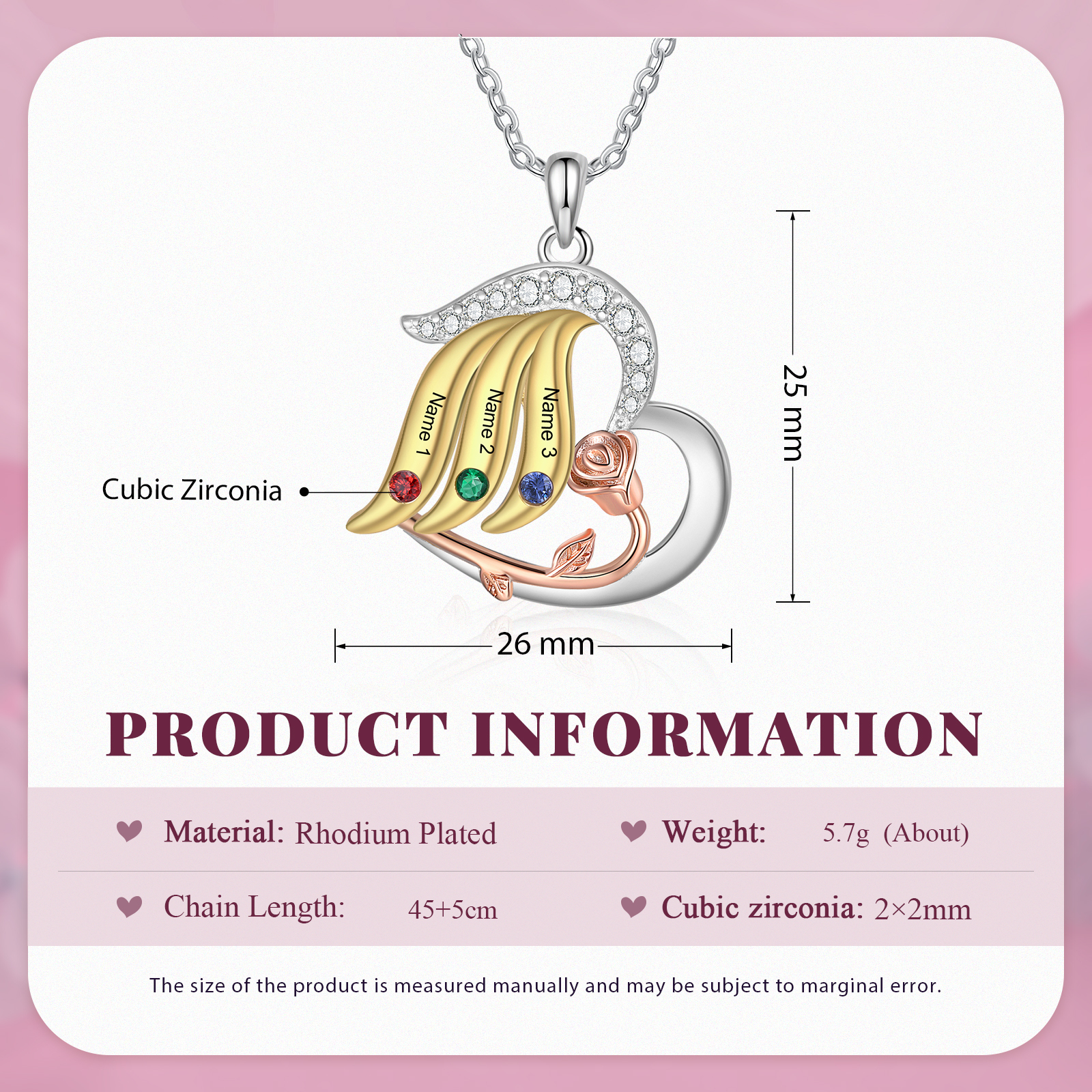 Personalised Heart Rose Pendant Necklace Custom 3 Birthstones & 3 Names Gifts for Her-Jessemade AU