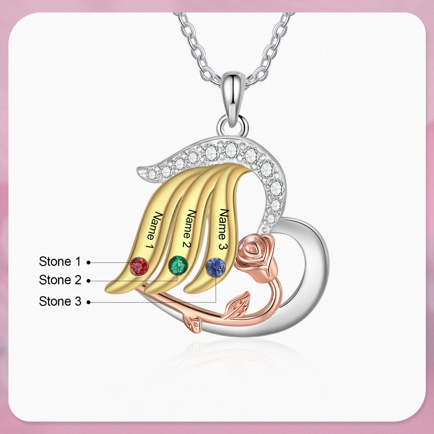 Personalised Heart Rose Pendant Necklace Custom 3 Birthstones & 3 Names Gifts for Her-Jessemade AU